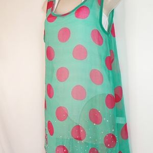 Summertime sheer‎ mini dress cover up green pink polka dots sleeveless top